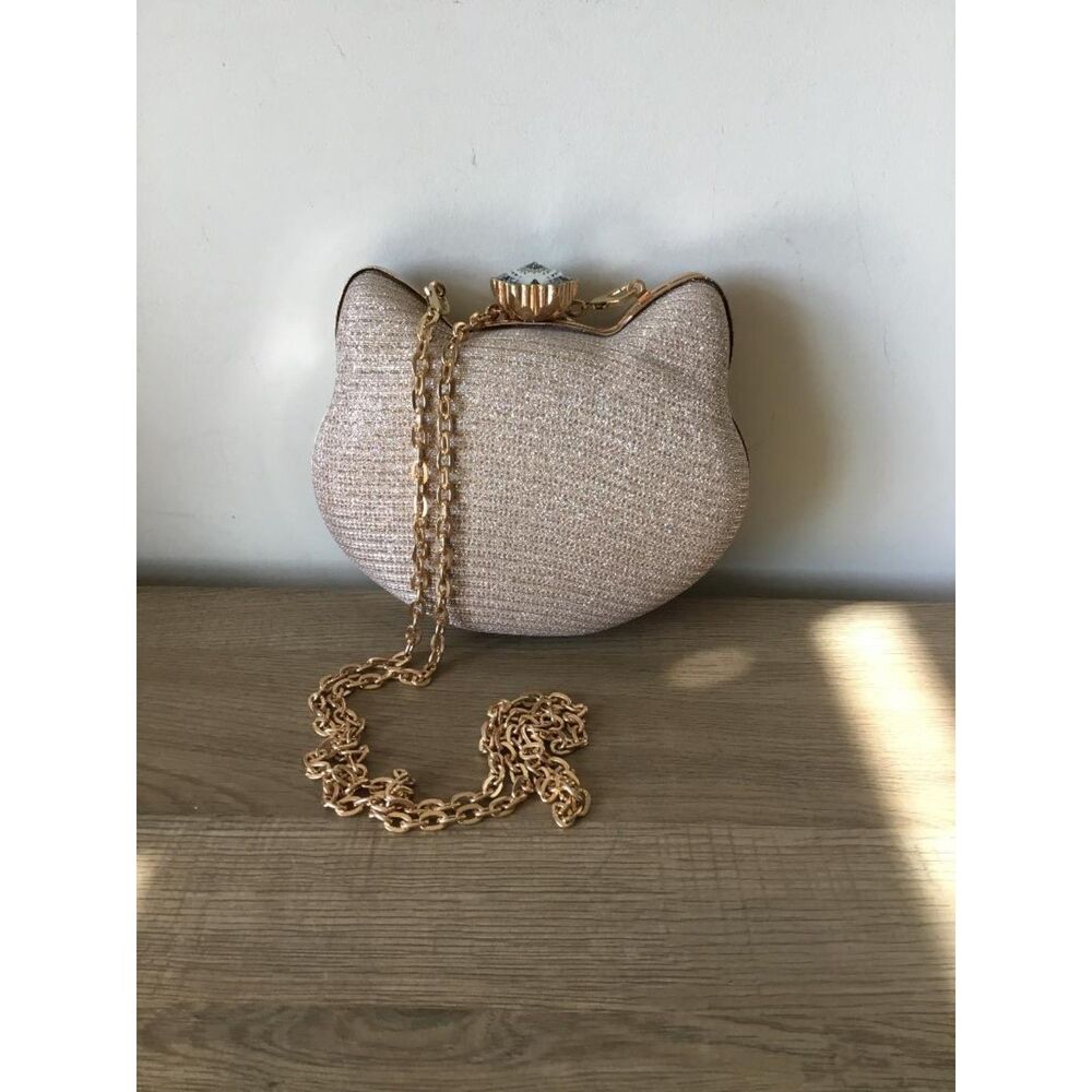 Cat Crossbody Bag with Gold Glitter and Gold-toned Chain NWOT